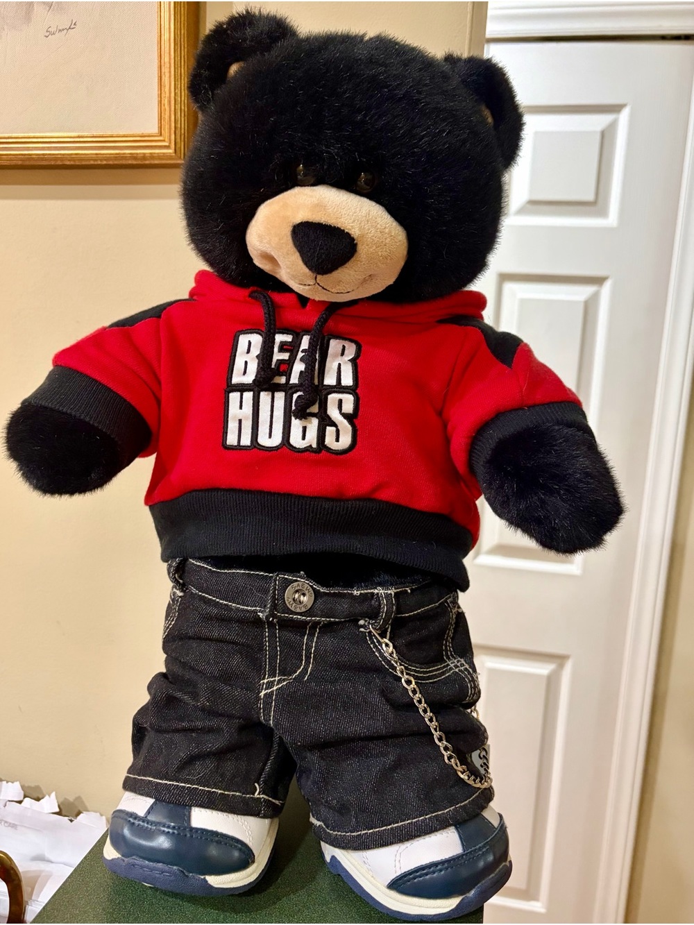 Build-A-Bear Black Plush Bear with Red Hoodie and Denim Pants